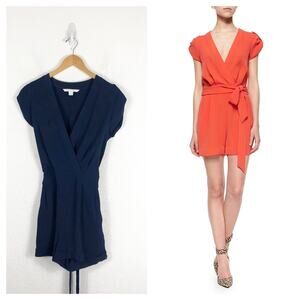 Diane von Furstenberg Purdette Tie-Waist Short Romper Size 8 Navy Blue DVF